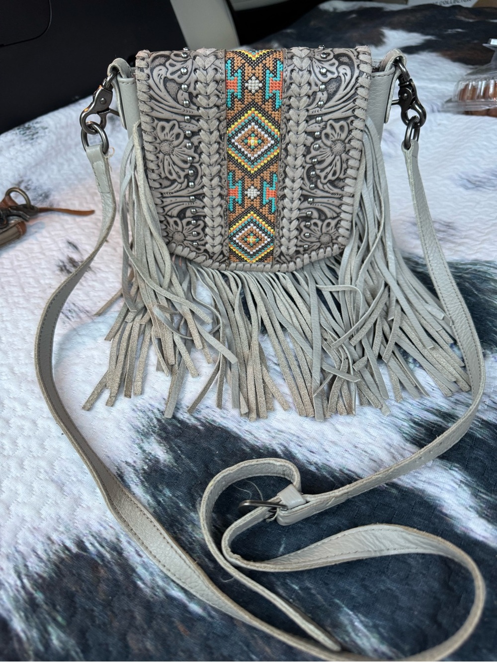 Montana West Small Western Fringe Crossbody Embroidered Aztec Purse Leather